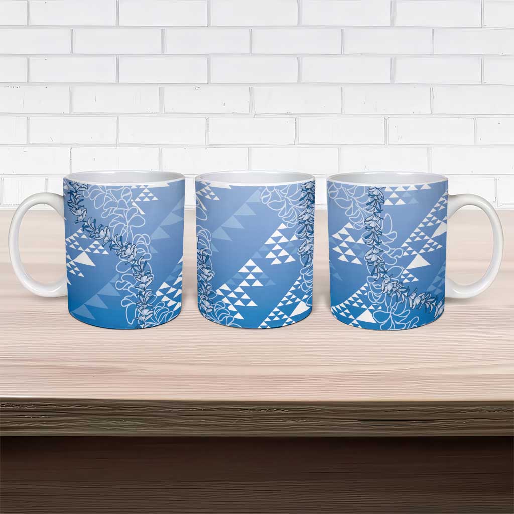 Hawaii Royal Blue Kapa Ceramic Mug Vintage 'Ohe Kāpala Motifs Mix Plumeria Leis