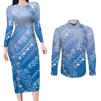 Hawaii Royal Blue Kapa Couples Matching Long Sleeve Bodycon Dress and Long Sleeve Button Shirt Vintage 'Ohe Kāpala Motifs Mix Plumeria Leis LT7 Royal Blue - Polynesian Pride