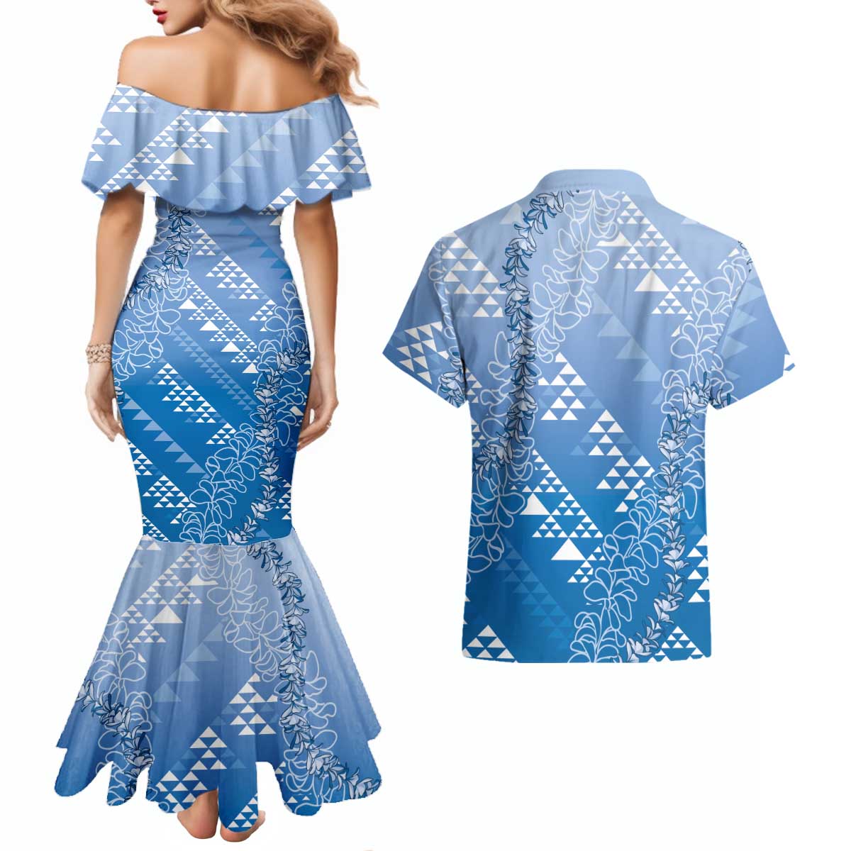 Hawaii Royal Blue Kapa Couples Matching Mermaid Dress and Hawaiian Shirt Vintage 'Ohe Kāpala Motifs Mix Plumeria Leis LT7 - Polynesian Pride