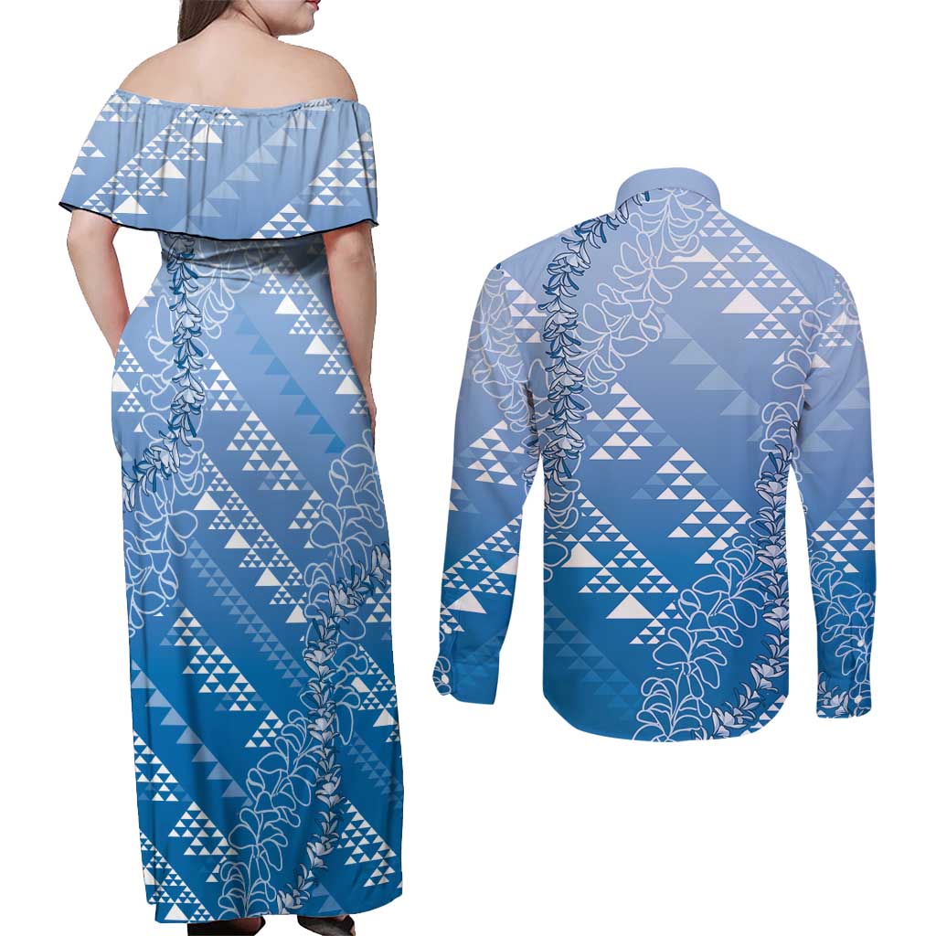 Hawaii Royal Blue Kapa Couples Matching Off Shoulder Maxi Dress and Long Sleeve Button Shirt Vintage 'Ohe Kāpala Motifs Mix Plumeria Leis
