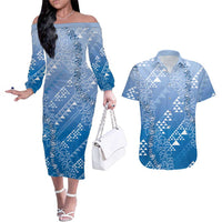 Hawaii Royal Blue Kapa Couples Matching Off The Shoulder Long Sleeve Dress and Hawaiian Shirt Vintage 'Ohe Kāpala Motifs Mix Plumeria Leis LT7 Royal Blue - Polynesian Pride