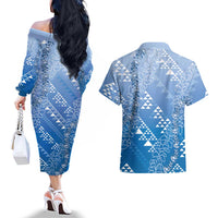 Hawaii Royal Blue Kapa Couples Matching Off The Shoulder Long Sleeve Dress and Hawaiian Shirt Vintage 'Ohe Kāpala Motifs Mix Plumeria Leis LT7 - Polynesian Pride