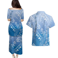 Hawaii Royal Blue Kapa Couples Matching Puletasi and Hawaiian Shirt Vintage 'Ohe Kāpala Motifs Mix Plumeria Leis
