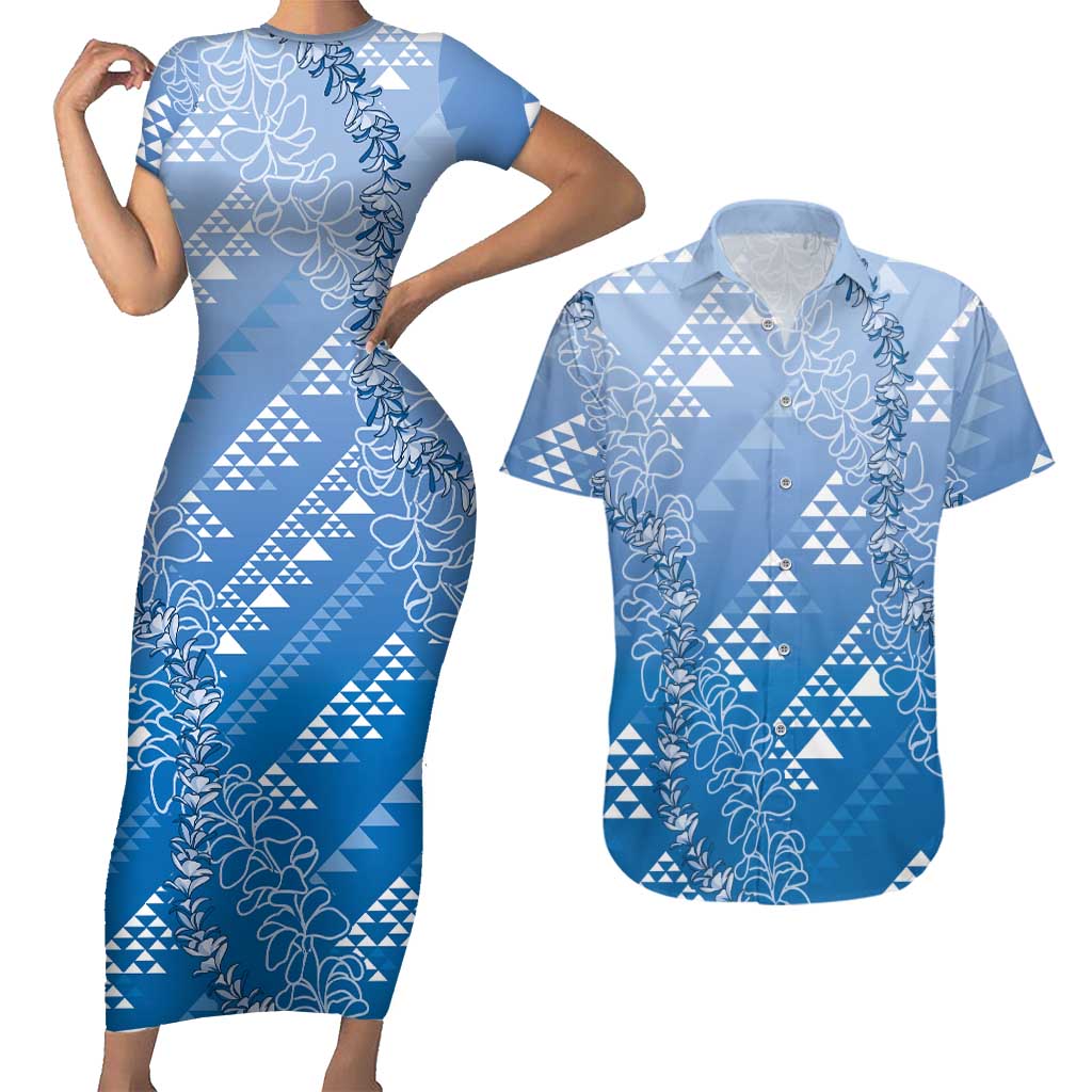 Hawaii Royal Blue Kapa Couples Matching Short Sleeve Bodycon Dress and Hawaiian Shirt Vintage 'Ohe Kāpala Motifs Mix Plumeria Leis LT7 Royal Blue - Polynesian Pride