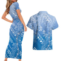 Hawaii Royal Blue Kapa Couples Matching Short Sleeve Bodycon Dress and Hawaiian Shirt Vintage 'Ohe Kāpala Motifs Mix Plumeria Leis LT7 - Polynesian Pride