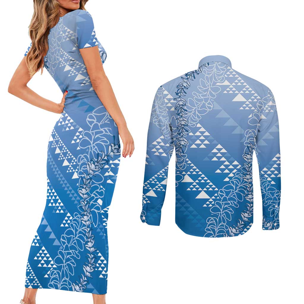 Hawaii Royal Blue Kapa Couples Matching Short Sleeve Bodycon Dress and Long Sleeve Button Shirt Vintage 'Ohe Kāpala Motifs Mix Plumeria Leis LT7 - Polynesian Pride