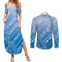 Hawaii Royal Blue Kapa Couples Matching Summer Maxi Dress and Long Sleeve Button Shirt Vintage 'Ohe Kāpala Motifs Mix Plumeria Leis
