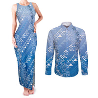 Hawaii Royal Blue Kapa Couples Matching Tank Maxi Dress and Long Sleeve Button Shirt Vintage 'Ohe Kāpala Motifs Mix Plumeria Leis