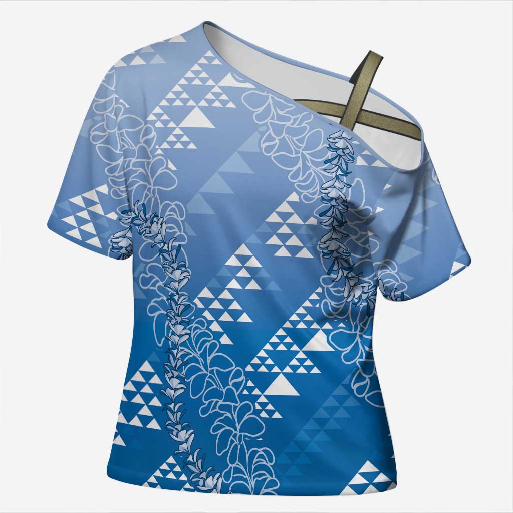 Hawaii Royal Blue Kapa Cross Shoulder Shirt Vintage 'Ohe Kāpala Motifs Mix Plumeria Leis LT7 Female Royal Blue - Polynesian Pride