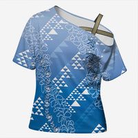 Hawaii Royal Blue Kapa Cross Shoulder Shirt Vintage 'Ohe Kāpala Motifs Mix Plumeria Leis LT7 Female Royal Blue - Polynesian Pride