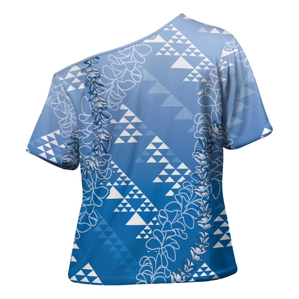 Hawaii Royal Blue Kapa Cross Shoulder Shirt Vintage 'Ohe Kāpala Motifs Mix Plumeria Leis LT7 - Polynesian Pride