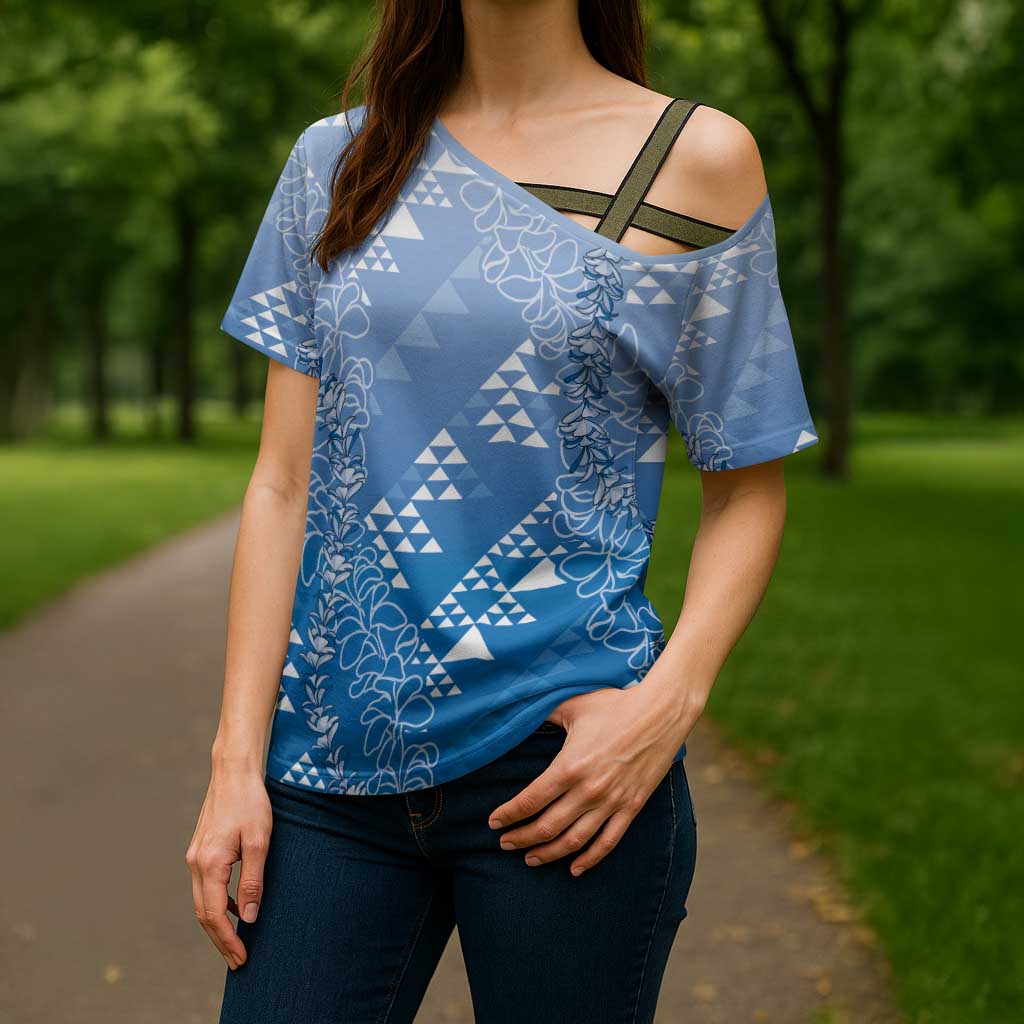 Hawaii Royal Blue Kapa Cross Shoulder Shirt Vintage 'Ohe Kāpala Motifs Mix Plumeria Leis LT7 - Polynesian Pride