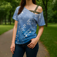 Hawaii Royal Blue Kapa Cross Shoulder Shirt Vintage 'Ohe Kāpala Motifs Mix Plumeria Leis LT7 - Polynesian Pride