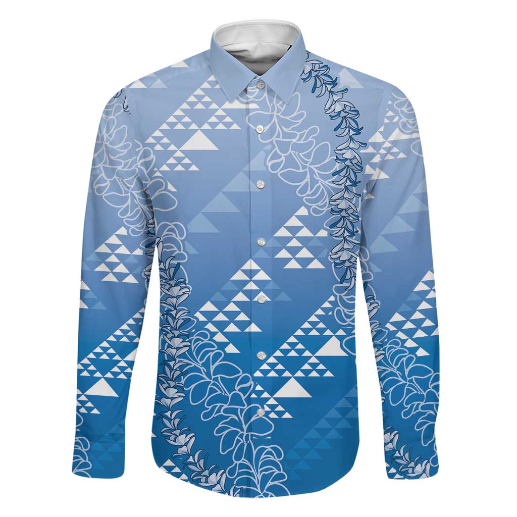 Hawaii Royal Blue Kapa Family Matching Long Sleeve Bodycon Dress and Hawaiian Shirt Vintage 'Ohe Kāpala Motifs Mix Plumeria Leis LT7 Dad's Shirt - Long Sleeve Royal Blue - Polynesian Pride