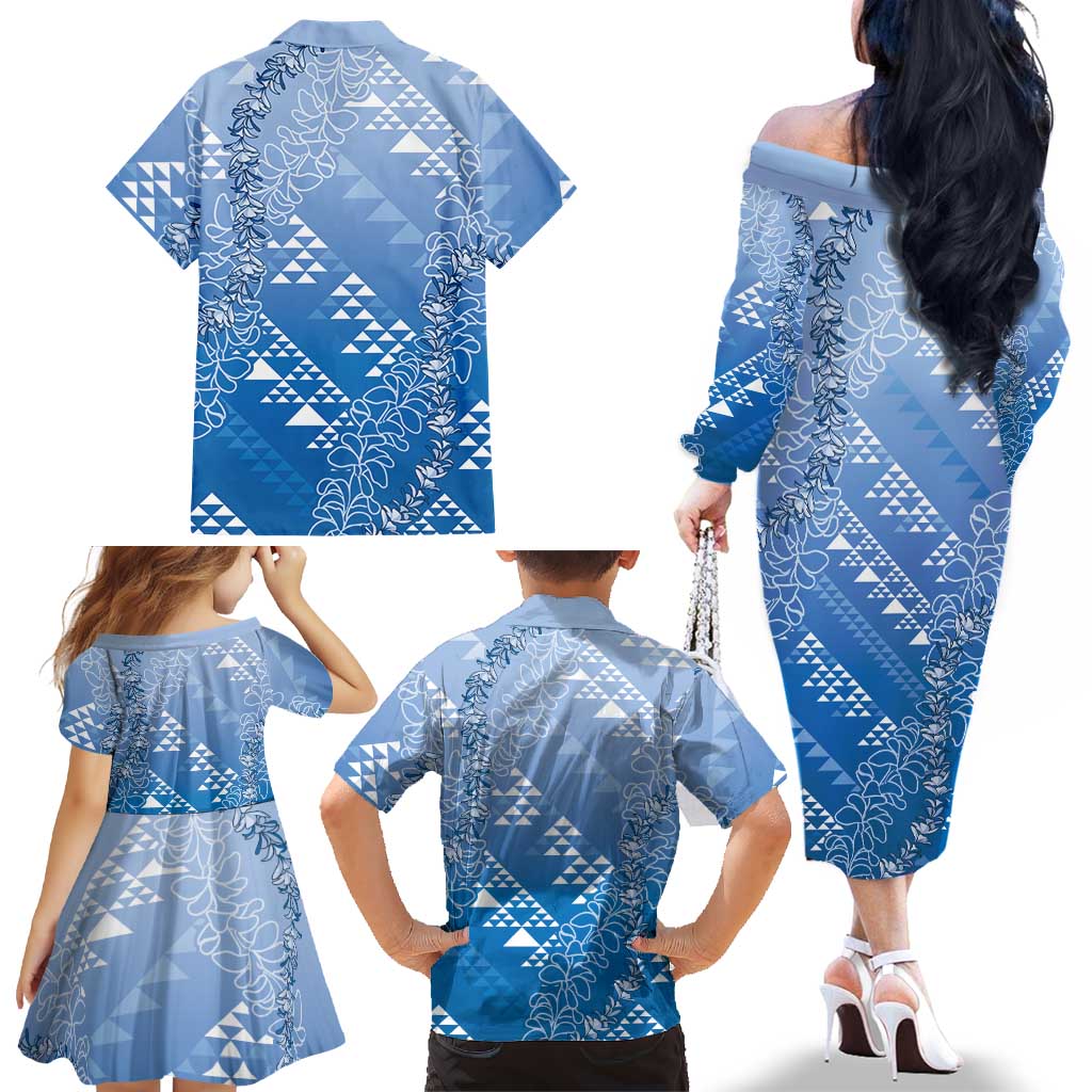 Hawaii Royal Blue Kapa Family Matching Off The Shoulder Long Sleeve Dress and Hawaiian Shirt Vintage 'Ohe Kāpala Motifs Mix Plumeria Leis LT7 - Polynesian Pride
