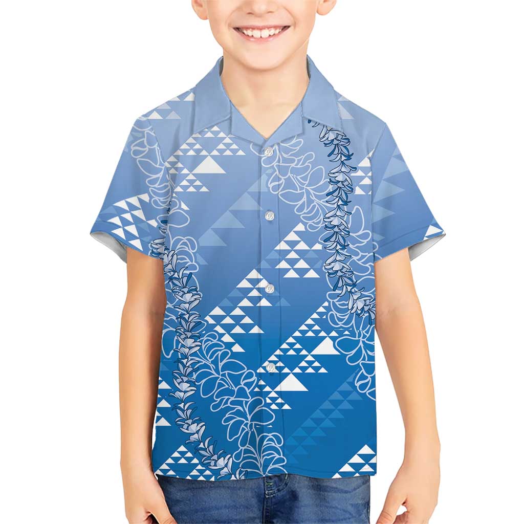 Hawaii Royal Blue Kapa Family Matching Off The Shoulder Long Sleeve Dress and Hawaiian Shirt Vintage 'Ohe Kāpala Motifs Mix Plumeria Leis LT7 Son's Shirt Royal Blue - Polynesian Pride