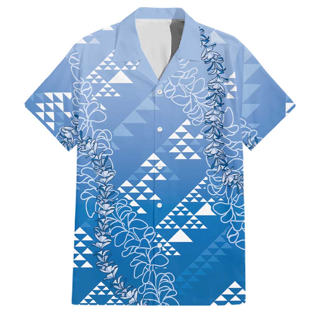 Hawaii Royal Blue Kapa Family Matching Off Shoulder Maxi Dress and Hawaiian Shirt Vintage 'Ohe Kāpala Motifs Mix Plumeria Leis LT7 Dad's Shirt - Short Sleeve Royal Blue - Polynesian Pride