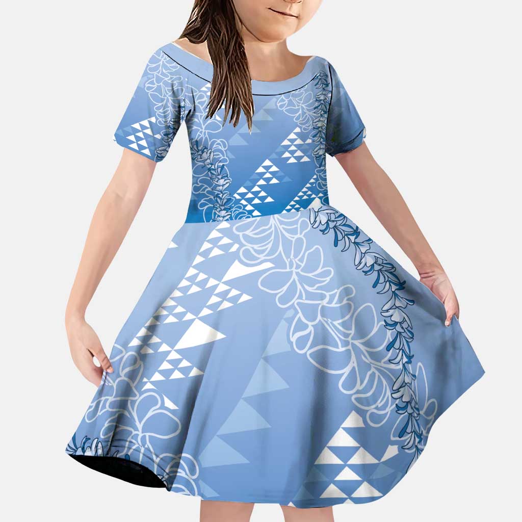 Hawaii Royal Blue Kapa Family Matching Puletasi and Hawaiian Shirt Vintage 'Ohe Kāpala Motifs Mix Plumeria Leis LT7 Daughter's Dress Royal Blue - Polynesian Pride