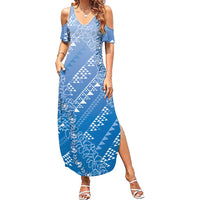 Hawaii Royal Blue Kapa Family Matching Summer Maxi Dress and Hawaiian Shirt Vintage 'Ohe Kāpala Motifs Mix Plumeria Leis LT7 Mom's Dress Royal Blue - Polynesian Pride