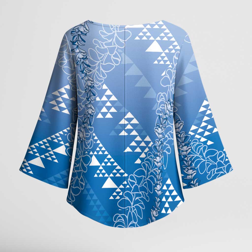 Hawaii Royal Blue Kapa Kimono Sleeve Blouse Vintage 'Ohe Kāpala Motifs Mix Plumeria Leis LT7 - Polynesian Pride