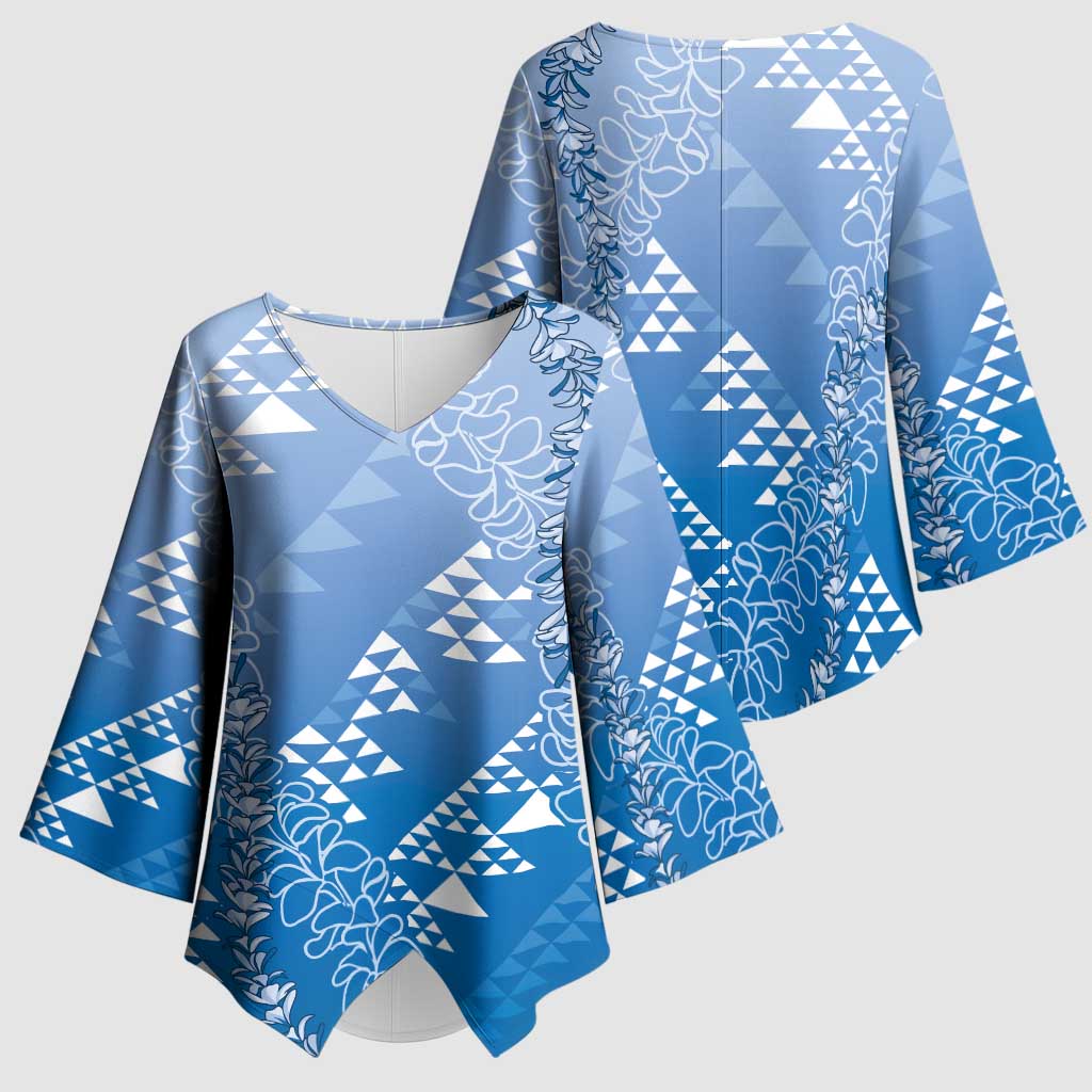 Hawaii Royal Blue Kapa Kimono Sleeve Blouse Vintage 'Ohe Kāpala Motifs Mix Plumeria Leis LT7 - Polynesian Pride