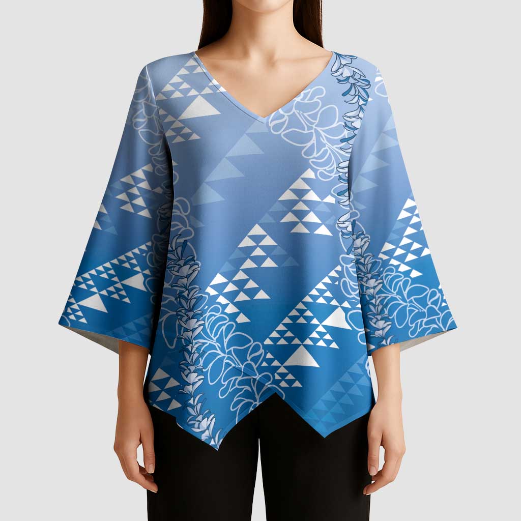 Hawaii Royal Blue Kapa Kimono Sleeve Blouse Vintage 'Ohe Kāpala Motifs Mix Plumeria Leis LT7 - Polynesian Pride