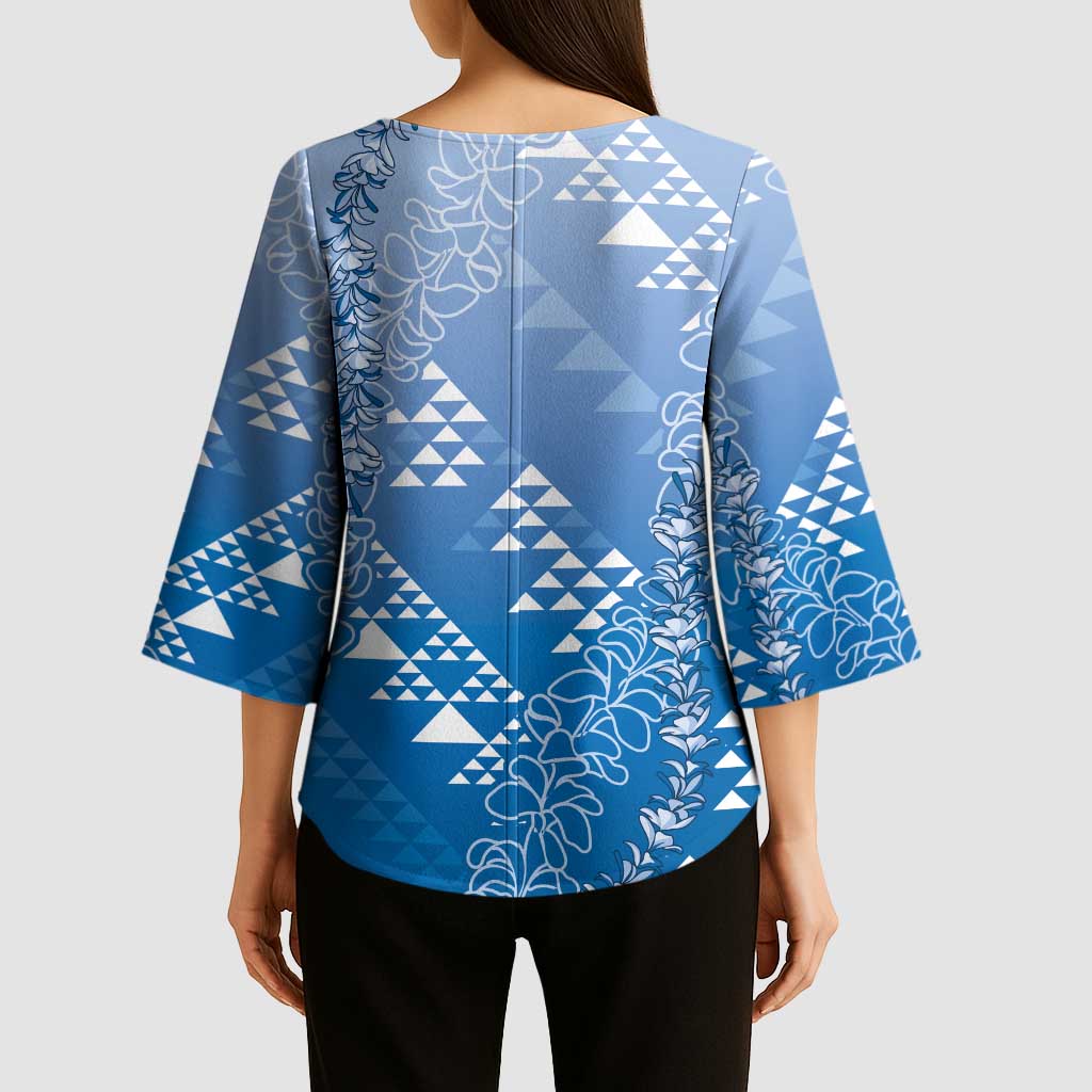 Hawaii Royal Blue Kapa Kimono Sleeve Blouse Vintage 'Ohe Kāpala Motifs Mix Plumeria Leis LT7 - Polynesian Pride