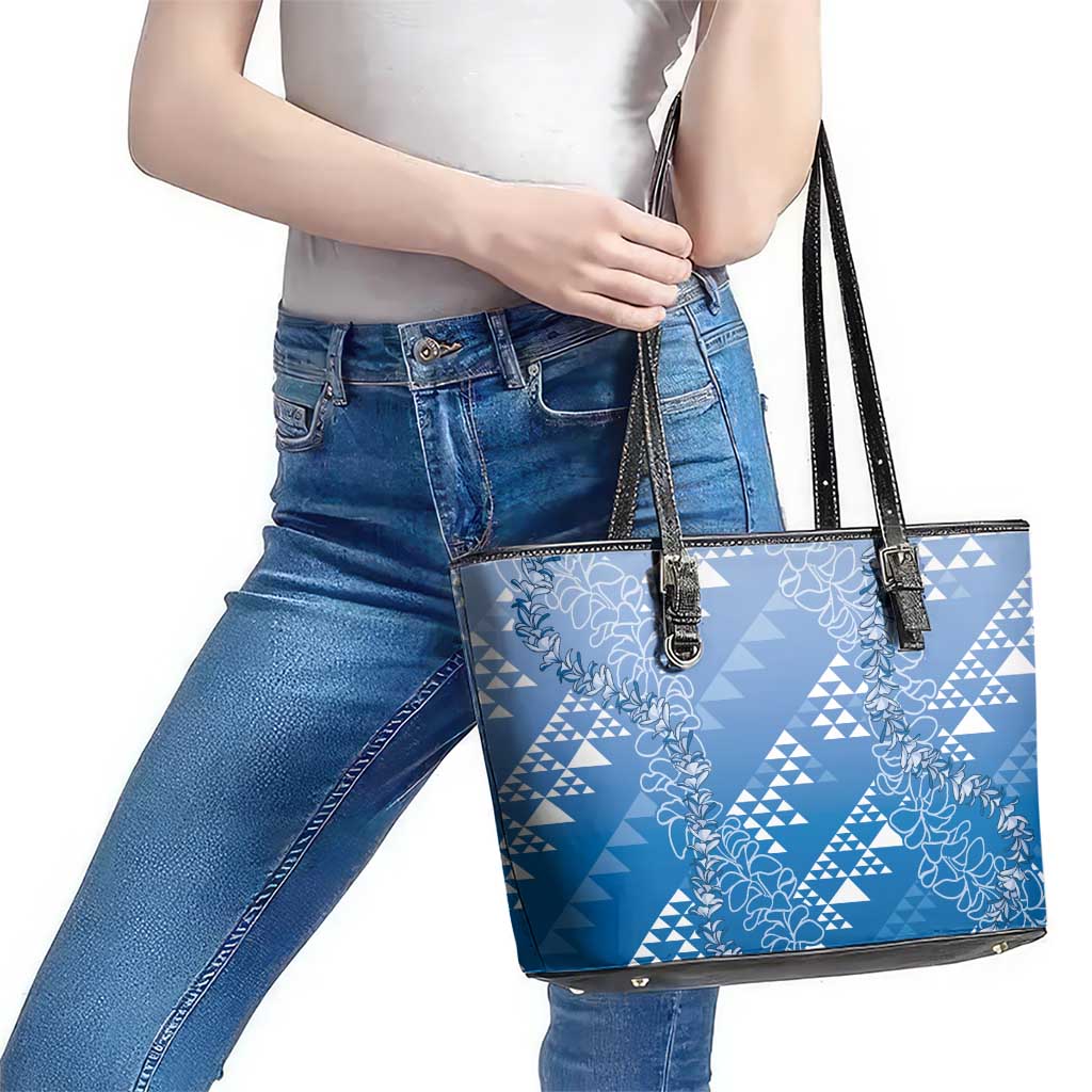Hawaii Royal Blue Kapa Leather Tote Bag Vintage 'Ohe Kāpala Motifs Mix Plumeria Leis LT7 - Polynesian Pride