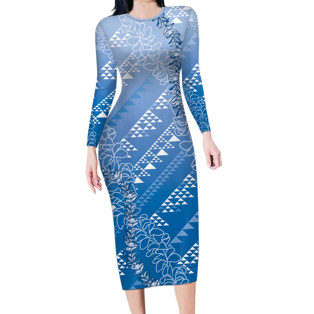 Hawaii Royal Blue Kapa Long Sleeve Bodycon Dress Vintage 'Ohe Kāpala Motifs Mix Plumeria Leis