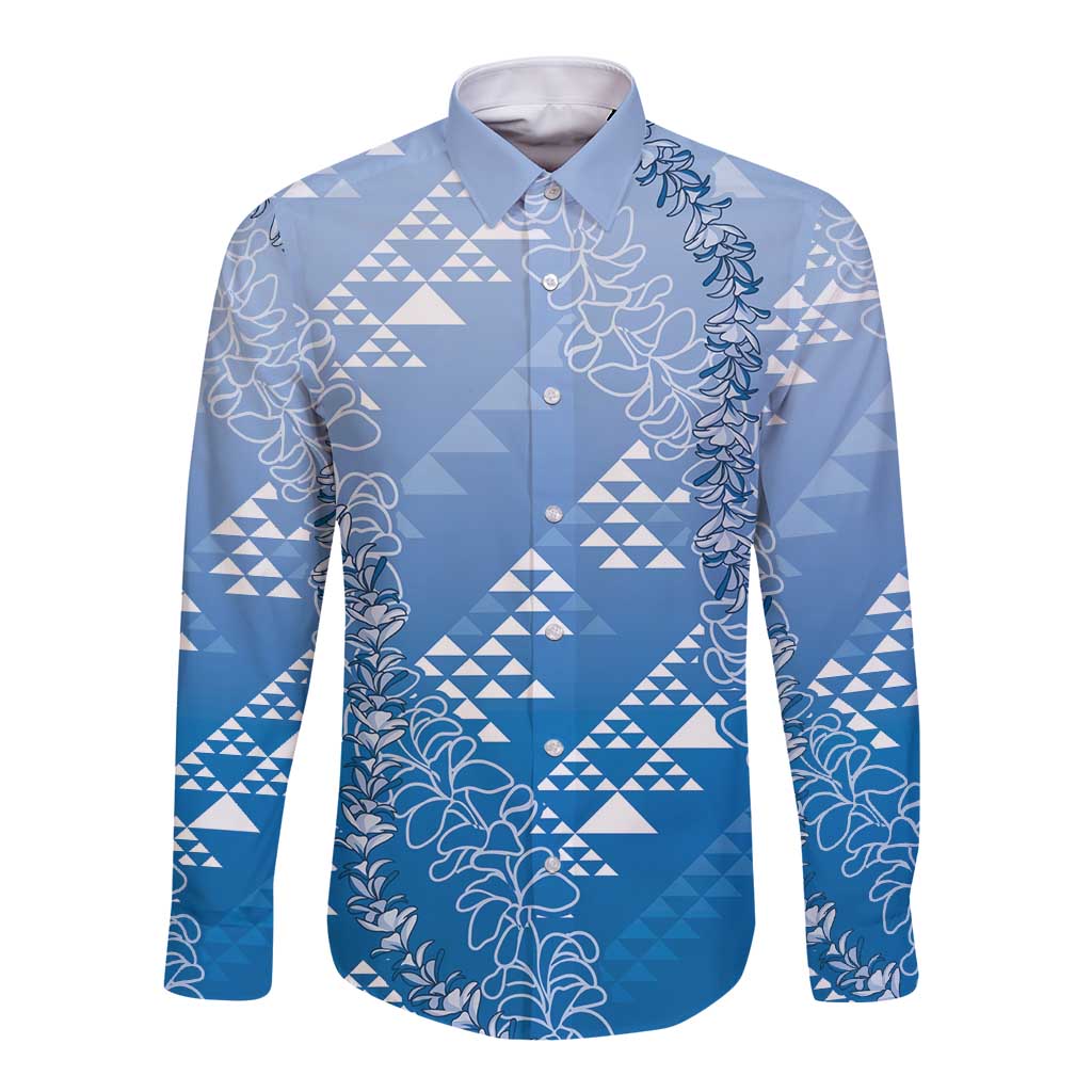 Hawaii Royal Blue Kapa Long Sleeve Button Shirt Vintage 'Ohe Kāpala Motifs Mix Plumeria Leis LT7 Unisex Royal Blue - Polynesian Pride