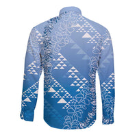 Hawaii Royal Blue Kapa Long Sleeve Button Shirt Vintage 'Ohe Kāpala Motifs Mix Plumeria Leis LT7 - Polynesian Pride