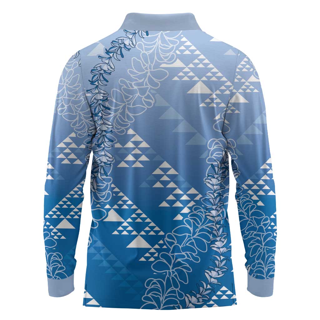 Hawaii Royal Blue Kapa Long Sleeve Polo Shirt Vintage 'Ohe Kāpala Motifs Mix Plumeria Leis