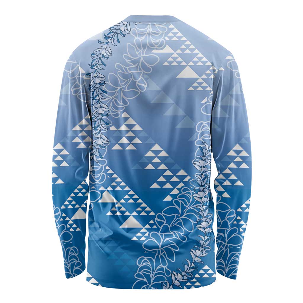 Hawaii Royal Blue Kapa Long Sleeve Shirt Vintage 'Ohe Kāpala Motifs Mix Plumeria Leis LT7 - Polynesian Pride