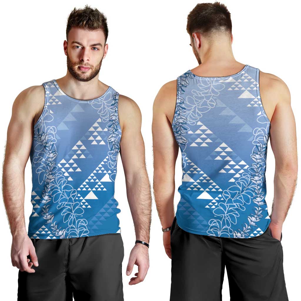 Hawaii Royal Blue Kapa Men Tank Top Vintage 'Ohe Kāpala Motifs Mix Plumeria Leis LT7 - Polynesian Pride