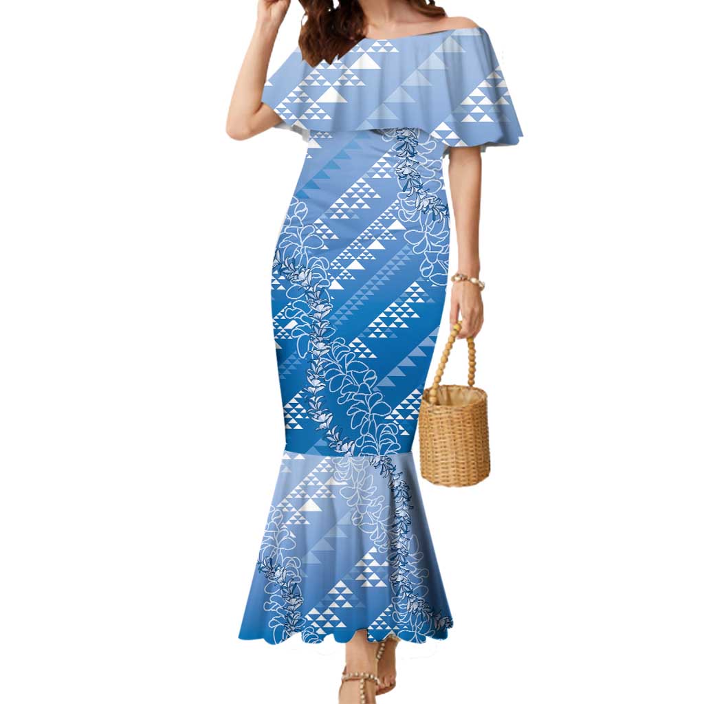 Hawaii Royal Blue Kapa Mermaid Dress Vintage 'Ohe Kāpala Motifs Mix Plumeria Leis