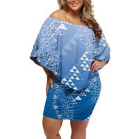 Hawaii Royal Blue Kapa Off Shoulder Short Dress Vintage 'Ohe Kāpala Motifs Mix Plumeria Leis LT7 Women Royal Blue - Polynesian Pride