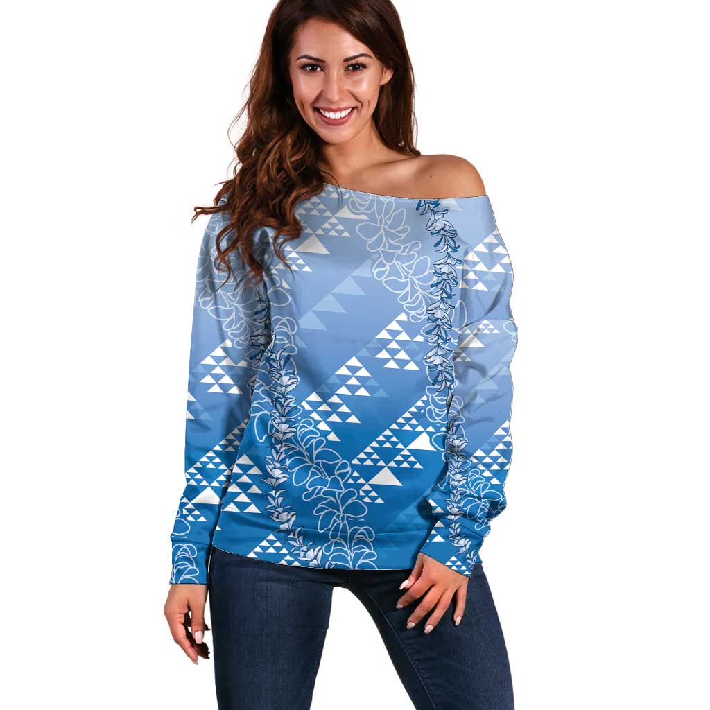 Hawaii Royal Blue Kapa Off Shoulder Sweater Vintage 'Ohe Kāpala Motifs Mix Plumeria Leis LT7 Women Royal Blue - Polynesian Pride