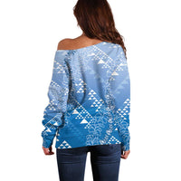 Hawaii Royal Blue Kapa Off Shoulder Sweater Vintage 'Ohe Kāpala Motifs Mix Plumeria Leis LT7 - Polynesian Pride