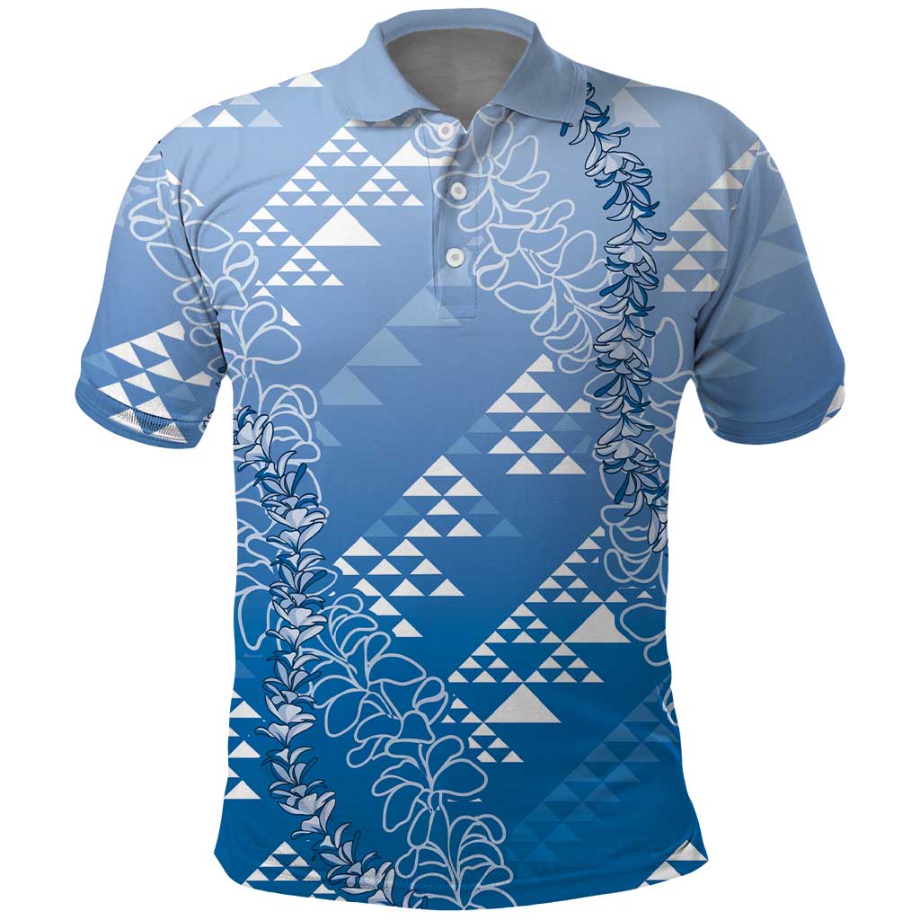 Hawaii Royal Blue Kapa Polo Shirt Vintage 'Ohe Kāpala Motifs Mix Plumeria Leis