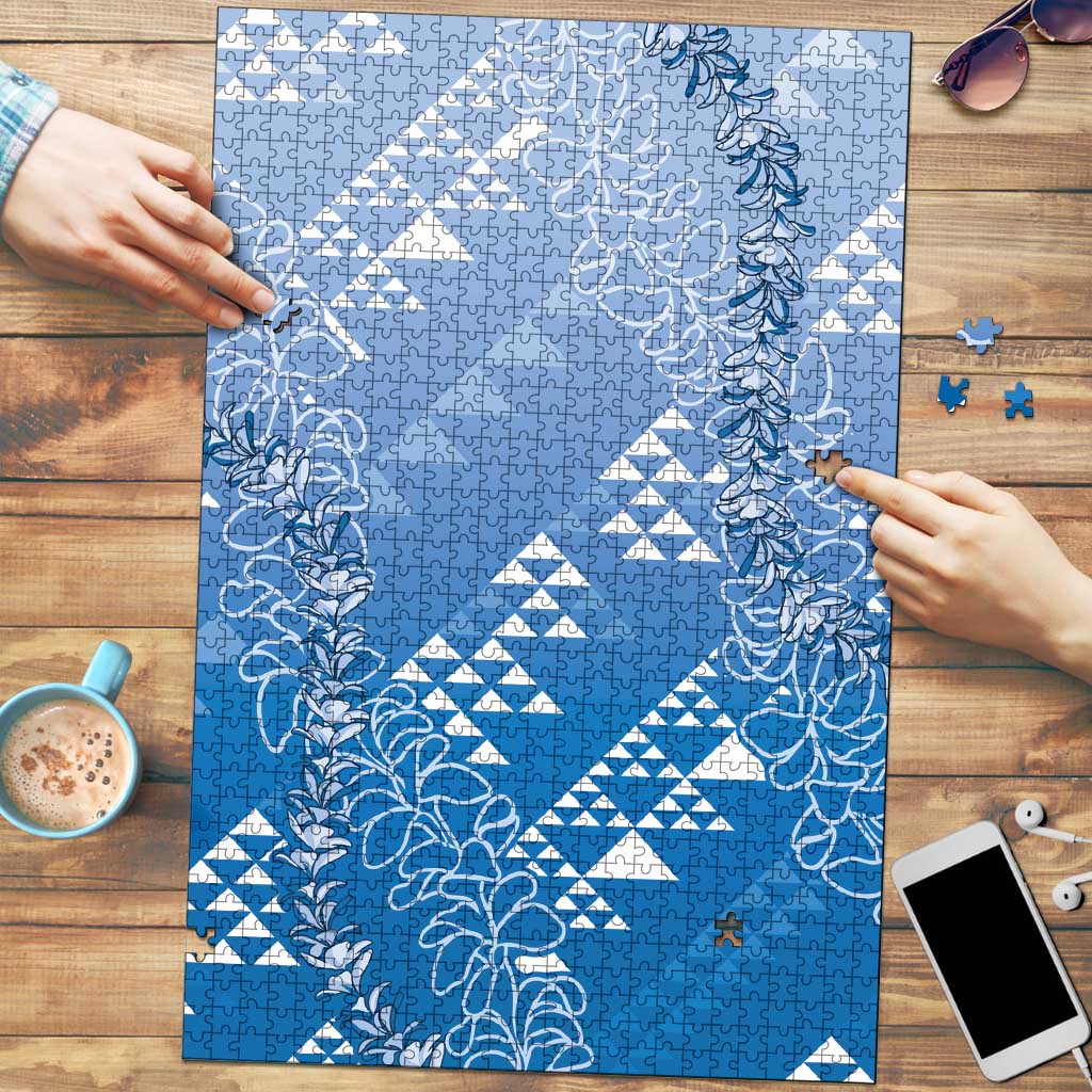 Hawaii Royal Blue Kapa Puzzle Vintage 'Ohe Kāpala Motifs Mix Plumeria Leis
