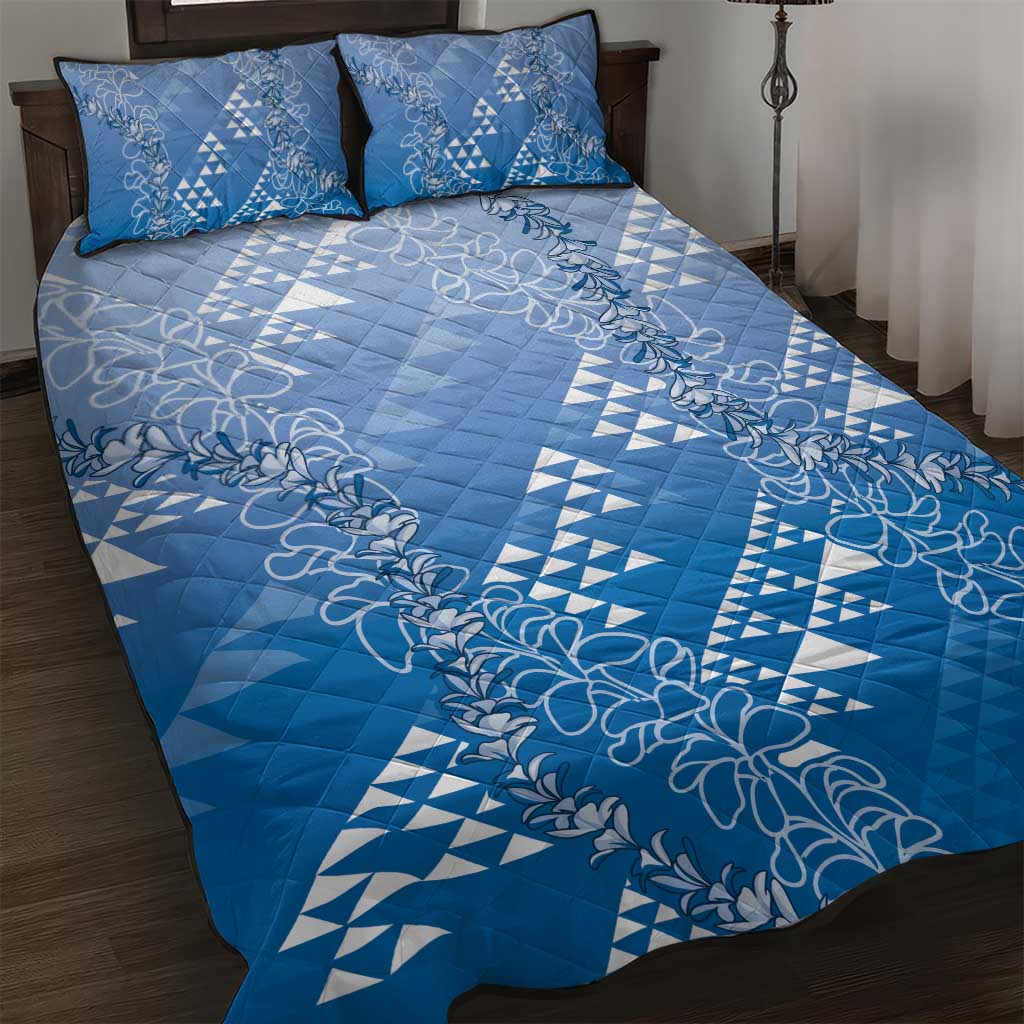 Hawaii Royal Blue Kapa Quilt Bed Set Vintage 'Ohe Kāpala Motifs Mix Plumeria Leis
