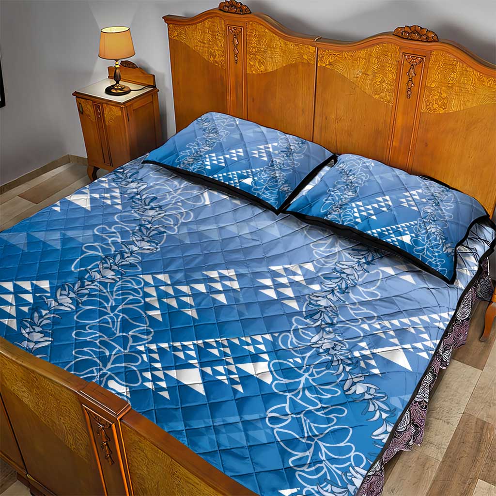 Hawaii Royal Blue Kapa Quilt Bed Set Vintage 'Ohe Kāpala Motifs Mix Plumeria Leis LT7 - Polynesian Pride