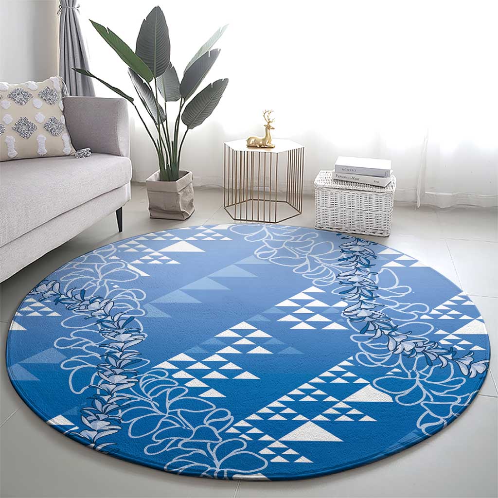 Hawaii Royal Blue Kapa Round Carpet Vintage 'Ohe Kāpala Motifs Mix Plumeria Leis LT7 - Polynesian Pride