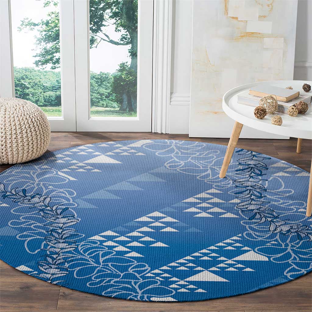 Hawaii Royal Blue Kapa Round Carpet Vintage 'Ohe Kāpala Motifs Mix Plumeria Leis LT7 - Polynesian Pride