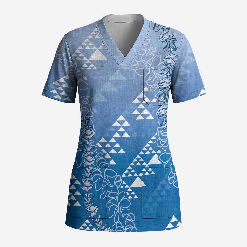 Hawaii Royal Blue Kapa Scrub Top Vintage 'Ohe Kāpala Motifs Mix Plumeria Leis LT7 Adult Royal Blue - Polynesian Pride