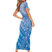 Hawaii Royal Blue Kapa Short Sleeve Bodycon Dress Vintage 'Ohe Kāpala Motifs Mix Plumeria Leis