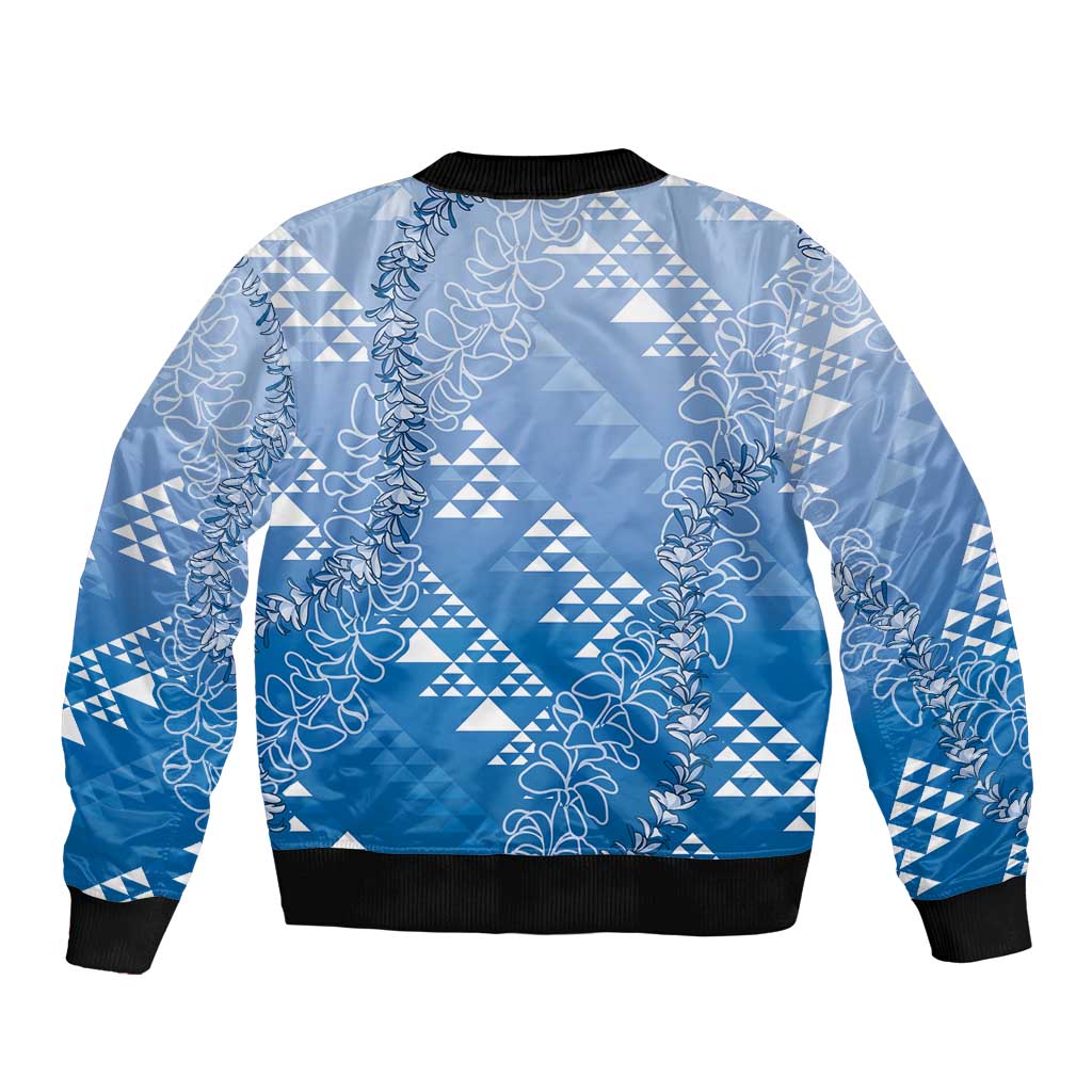 Hawaii Royal Blue Kapa Sleeve Zip Bomber Jacket Vintage 'Ohe Kāpala Motifs Mix Plumeria Leis LT7 - Polynesian Pride