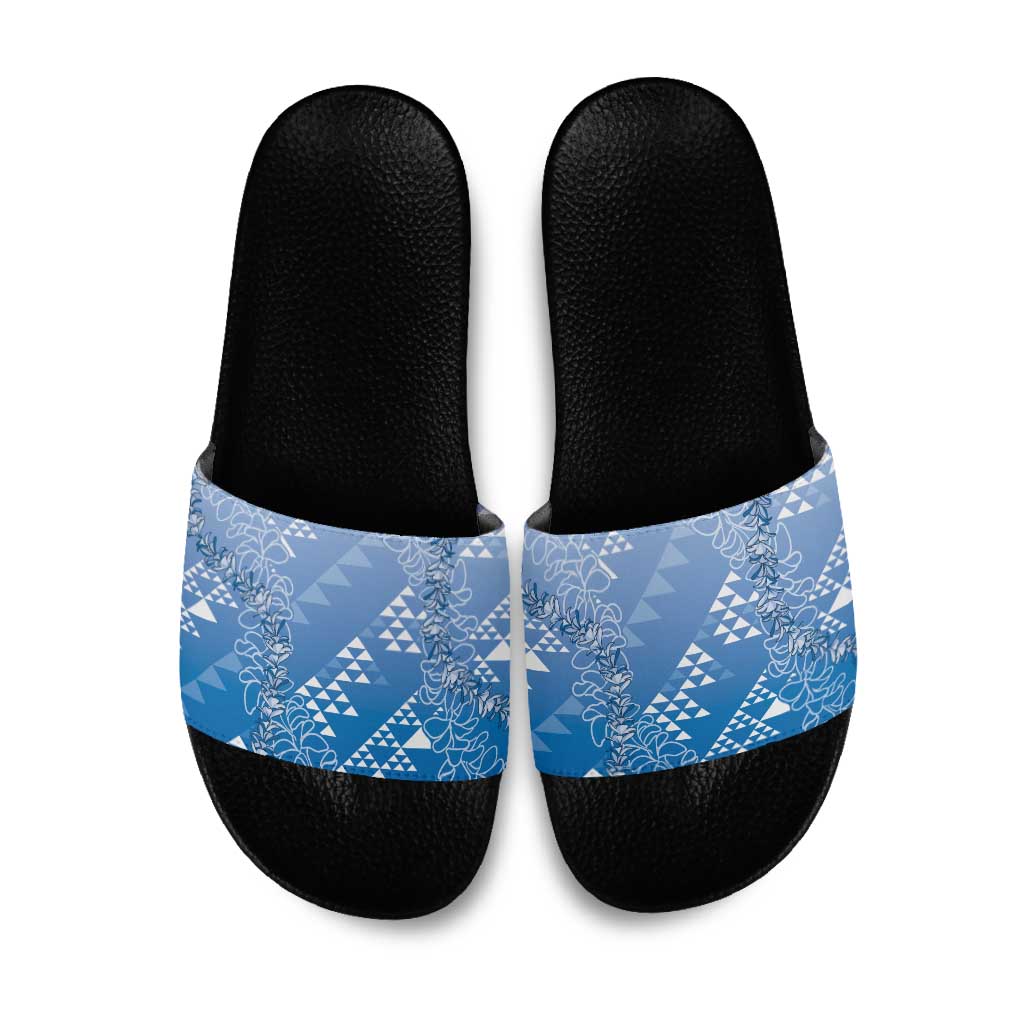 Hawaii Royal Blue Kapa Slide Sandals Vintage 'Ohe Kāpala Motifs Mix Plumeria Leis LT7 Royal Blue - Polynesian Pride