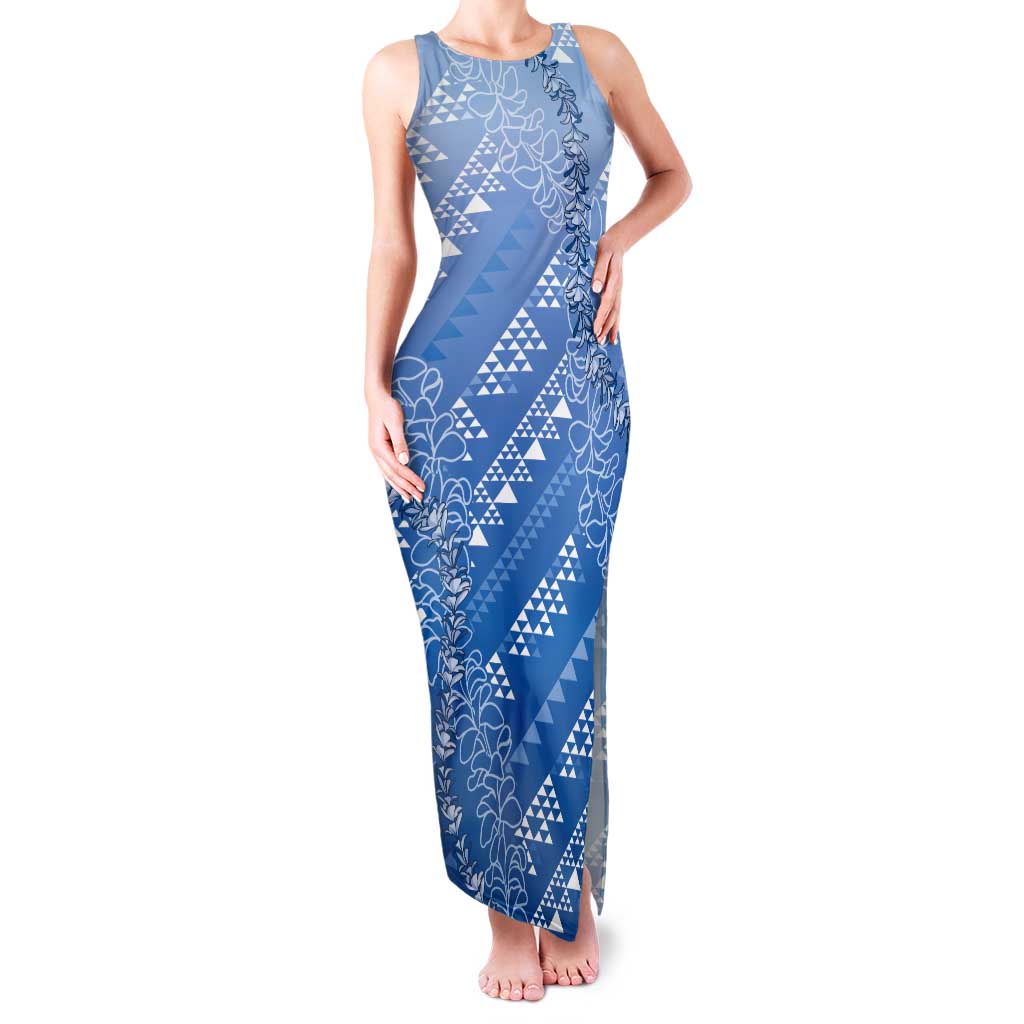 Hawaii Royal Blue Kapa Tank Maxi Dress Vintage 'Ohe Kāpala Motifs Mix Plumeria Leis LT7 Women Royal Blue - Polynesian Pride