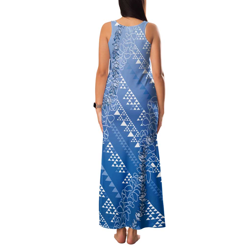 Hawaii Royal Blue Kapa Tank Maxi Dress Vintage 'Ohe Kāpala Motifs Mix Plumeria Leis LT7 - Polynesian Pride